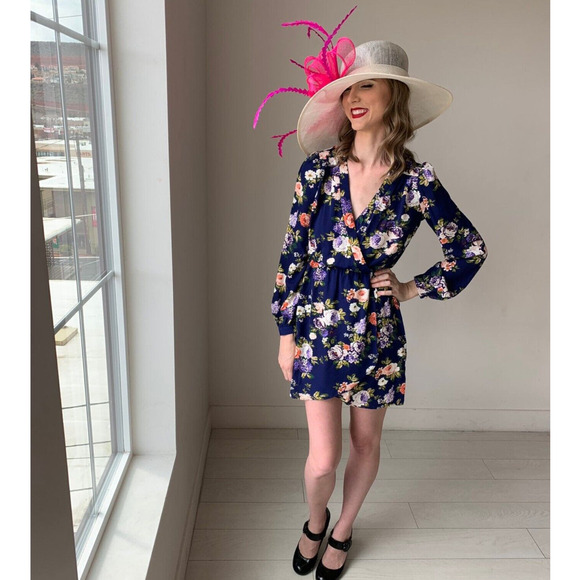 LULU'S Mini Floral Dress Faux Wrap LongSleeve V-Neck Cocktail Blue Cottagecore - Picture 11 of 12